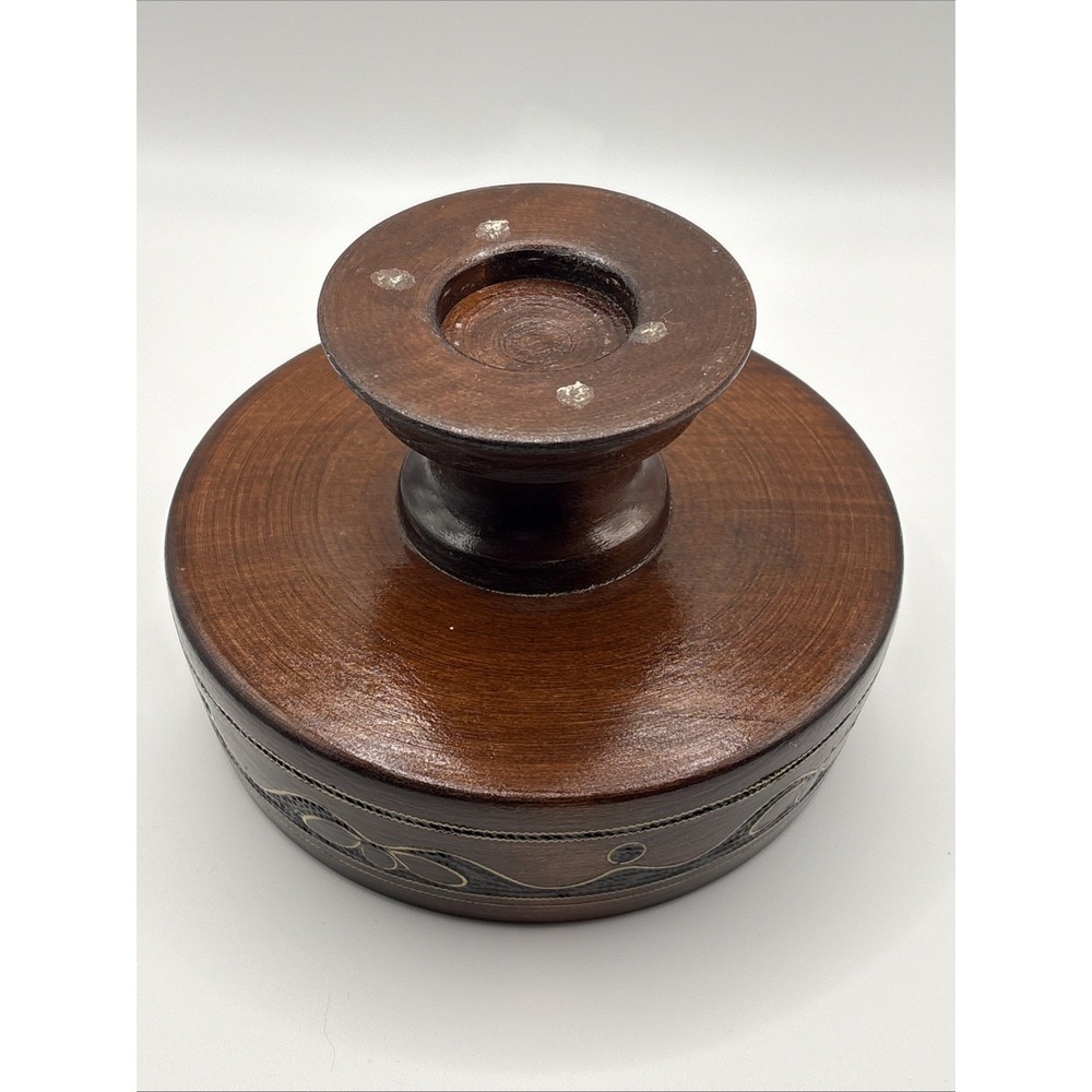 Hand Carved Wooden Pedistal Bowl With Metal Inlay - Picture 5 of 7